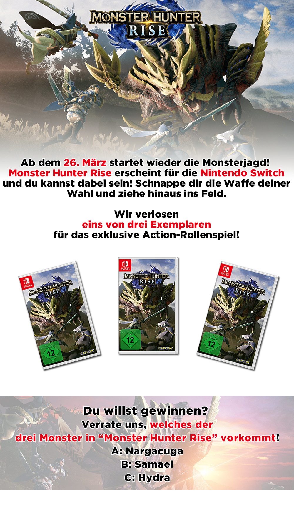 Bild 1:Gewinne "Monster Hunter Rise" für die Nintendo Switch