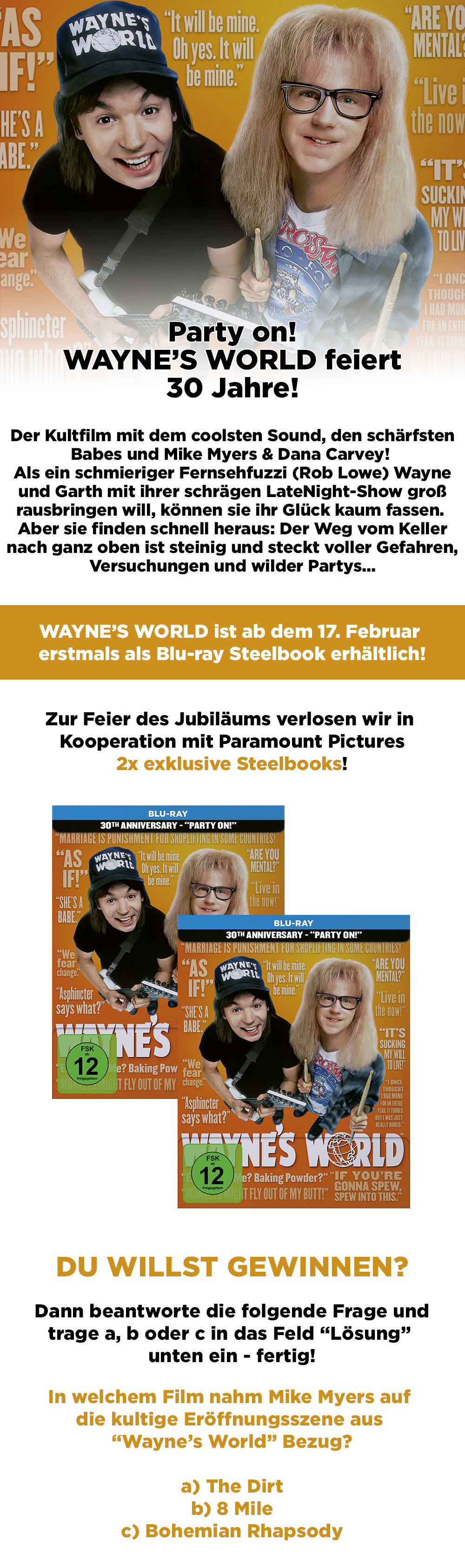 Bild 1:Party time! Gewinnt 2 Steelbooks zum "Wayne´s World"-Jubiläum!