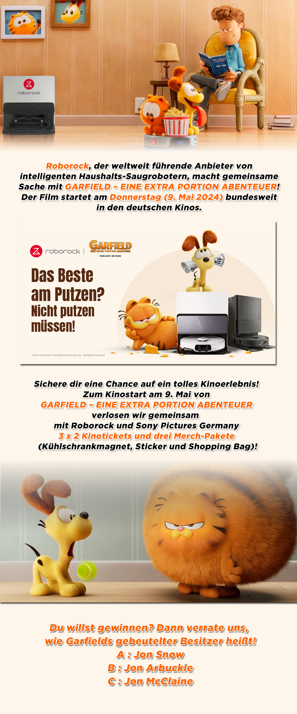 Bild 1:Roborock x Garfield: Gewinne 3x2 Freikarten und ein tolles Merch-Paket!