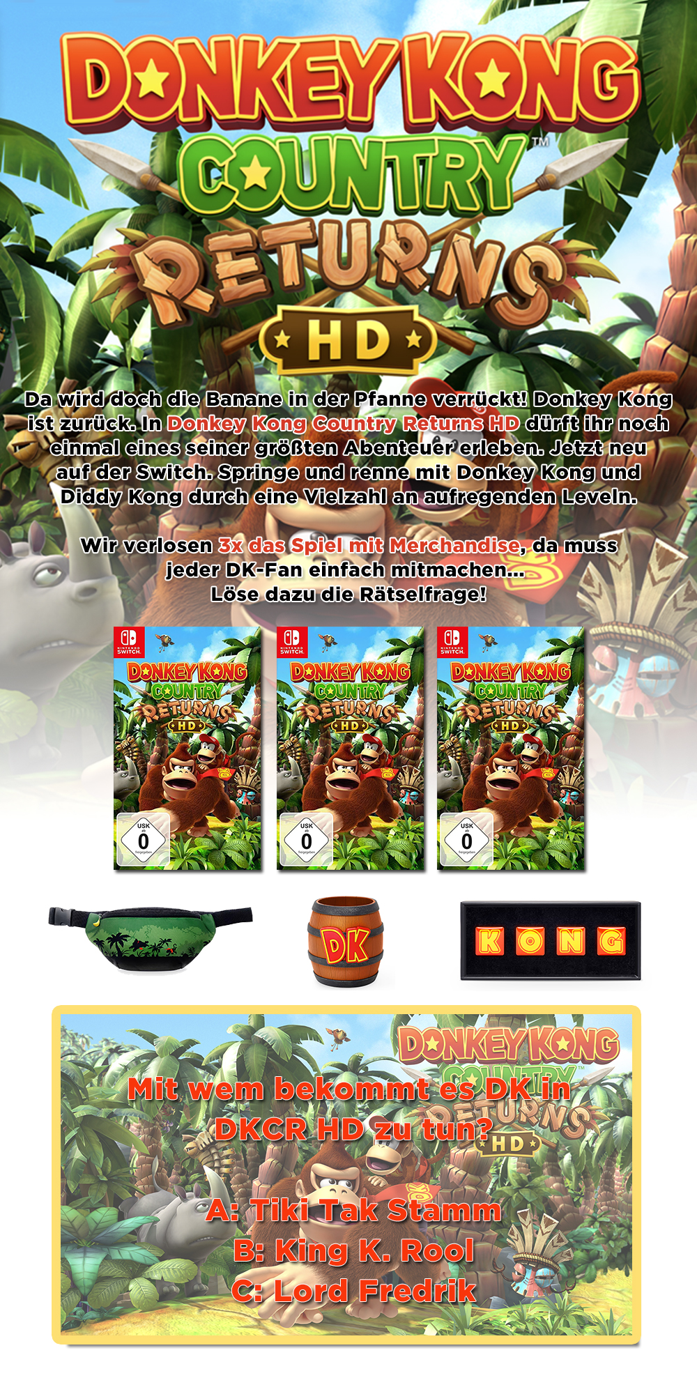 Bild 1:Gewinne "Donkey Kong Country Returns HD" für die Nintendo Switch!