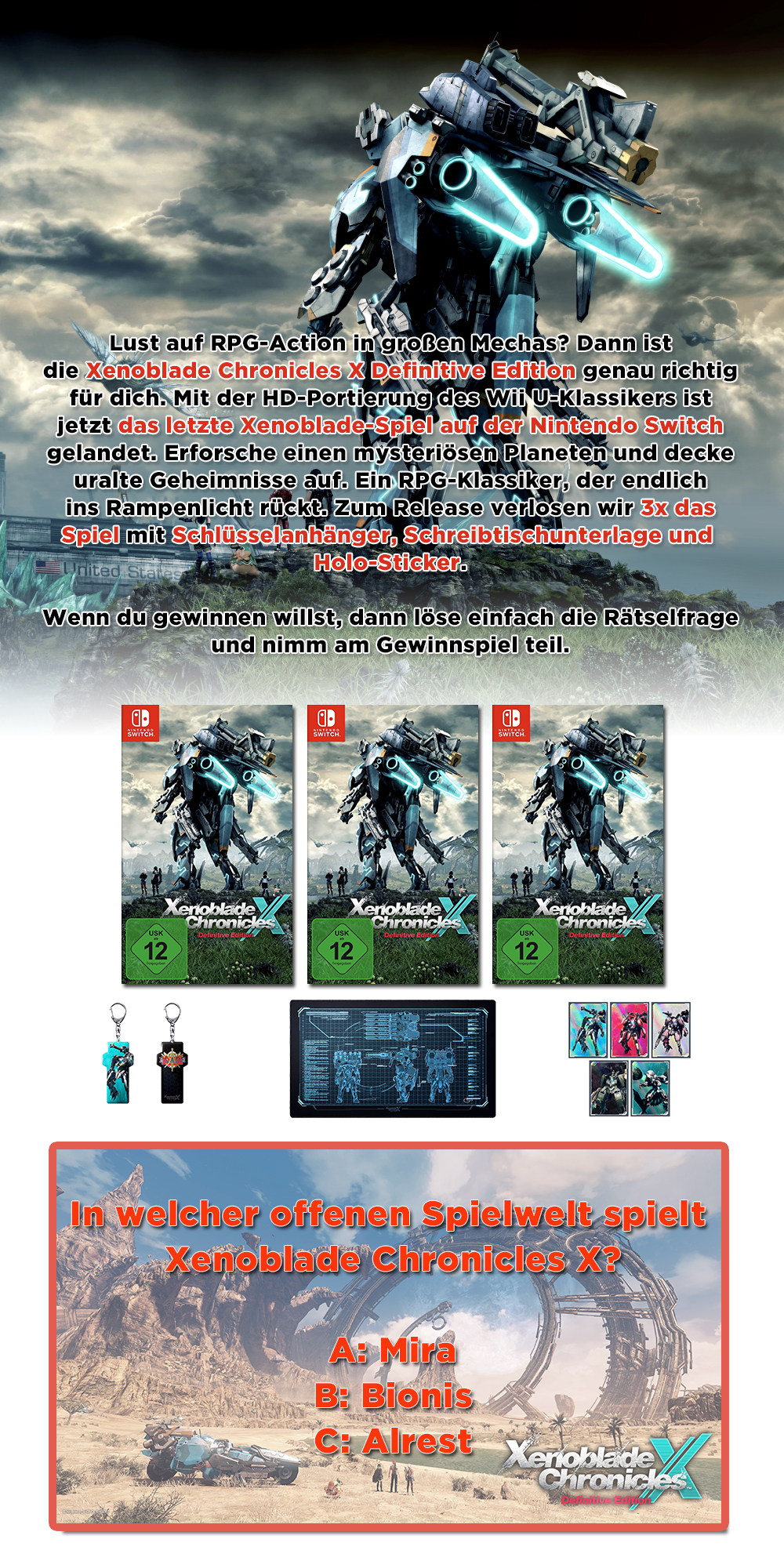 Bild 1:Gewinne "Xenoblade Chronicles X" für die Nintendo Switch! (3x Spiel + Merch) Bild 1:Gewinne "Xenoblade Chronicles X" für die Nintendo Switch! (3x Spiel + Merch)
