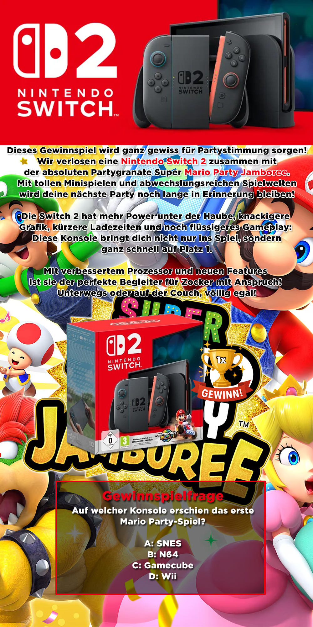 Bild 1:Würfelt um die Wette! Gewinnt eine "Switch 2" mit "Super Mario Party Jamboree"!
