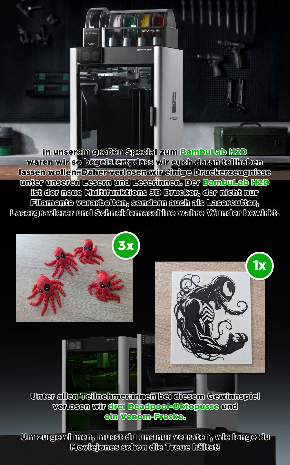 Bild 1:Gewinnspiel zum BambuLab H2D - Gewinnt tolle 3D Drucke zu euren Marvel-Helden!